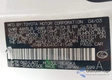 2003 Lexus Es 300 из США, поврежденный, VIN JTHBF30G430141548